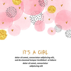 Baby Shower girl card design with abstract watercolor pink and glittering golden circles. - obrazy, fototapety, plakaty