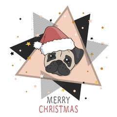 Christmas card design with cute pug in Santa hat. Vector holiday illustration.