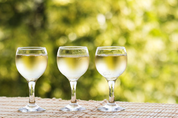 Glasses of wine on a bright green background of nature.