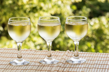 Glasses of wine on a bright green background of nature.