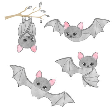 Set of cute bats, flying, hanging on the tree. Vector illustration.