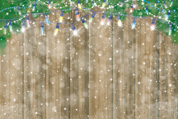 Vector  wooden  background, snow  and fir branches  border for Christmas design.