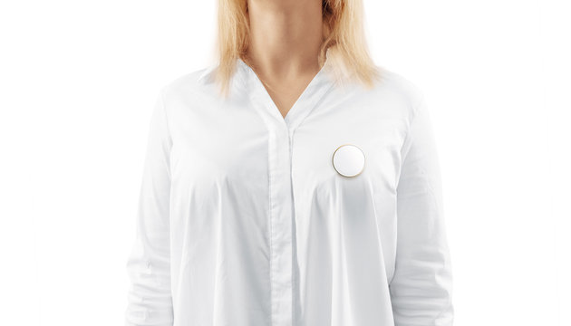 Blank White Round Gold Lapel Badge Mock Up On Woman Chest. Empty Hard Enamel Pin Mockup Wear On Shirt. Metal Clasp-pin Medal Design Template. Expensive Curcular Brooch For Logo Presentation