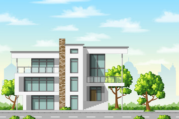 Illustration of a modern cube house with trees