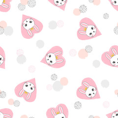 Seamless vector pattern with cute princess rabbit and pink hearts.