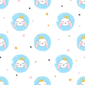Seamless cute princess bunny pattern. Vector background for kids. © Afanasia