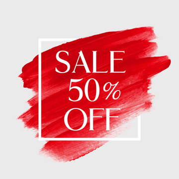 Sale 50% off sign over watercolor art brush stroke paint abstract background vector illustration. Perfect acrylic design for a shop and sale banners.