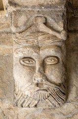 Romanesque Carving of a Strange Head or Face (c12th) Capital in Cloisters of Montmajour Abbey near Arles Provence France