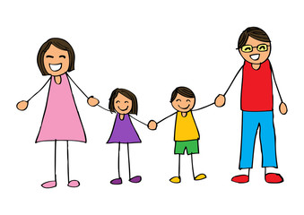 Happy family holding hands and smiling. Hand drawing illustration.