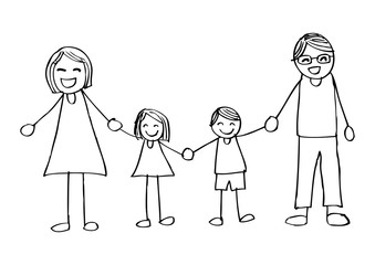 Happy family holding hands and smiling. Hand drawing illustration.