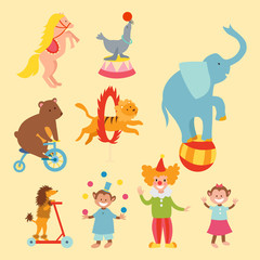 Fototapeta na wymiar Circus funny animals set of vector icons cheerful zoo entertainment collection juggler pets magician performer carnival illustration.