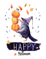 Halloween card with cartoon raven
