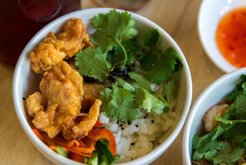 Rice in Japanese with chicken in batter