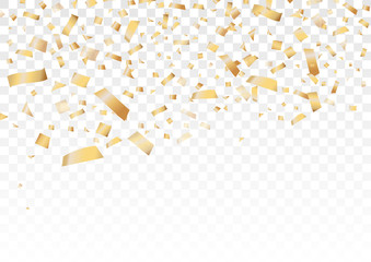 Golden glitter confetti for decorative on holiday festival and celebration, falling on transparent background. Vector illustration