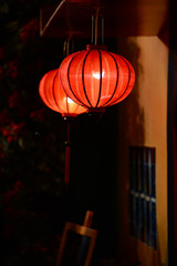 Close focus of red Chinese Lanterns at Mid-Autumn Festival with copy space for text or advertising on black background. Lanterns at Mid-Autumn Festival in Saigon (Sai Gon)/Ho Chi Minh City, Vietnam