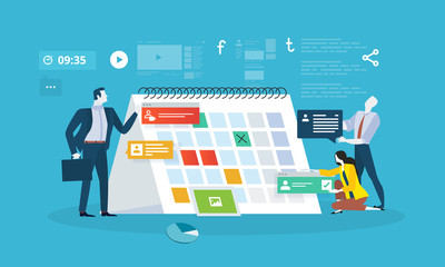 Events. Flat design business people concept for business planning, events and news, reminder and schedule. Vector illustration concept for web banner, business presentation, advertising material.