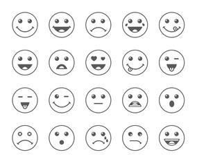Set of line art round emoticons or emoji illustration grey icons. Smile icons vector illustration isolated on white background. Concept for World Smile Day smiling card or banner - obrazy, fototapety, plakaty