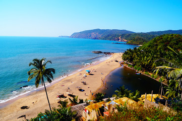 One of the best beaches in Goa - Cola beach. Quiet place for relax and spend holidays. Beach huts on the coast. Luxury holidays. - obrazy, fototapety, plakaty
