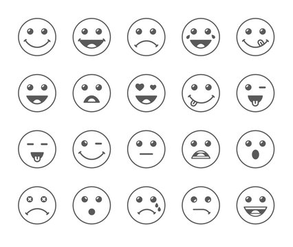 Set of line art round emoticons or emoji illustration grey icons. Smile icons vector illustration isolated on white background. Concept for World Smile Day smiling card or banner