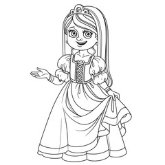 Cute girl in princess costume outlined for coloring page