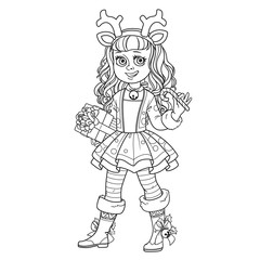 Cute girl in New Year's deer costume outlined for coloring page