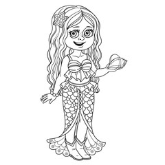 Cute girl in mermaid costume outlined for coloring page