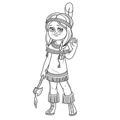 Cute girl in Indian costume outlined for coloring page