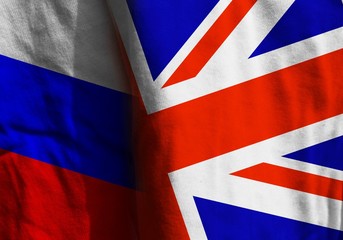 Two flags. Diagonal. United Kingdom of Great Britain and Northern Ireland and the Russian Federation