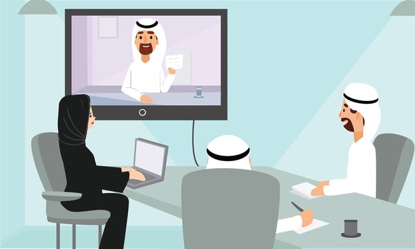 Arab Business People Web Conference Meeting In Office. Corporate People Looking At Screen. Video Conferencing  Concept Illustration Vector.