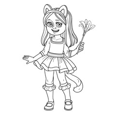 Cute girl in cat costume outlined for coloring page