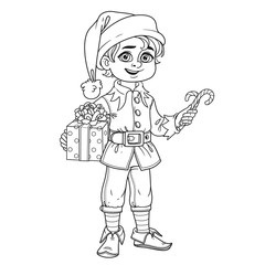 Cute boy in elf Santa's assistant costume outlined for coloring page