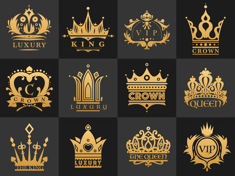 Crown vintage premium golden logo badge heraldic emblem luxury kingdomsign vector illustration.