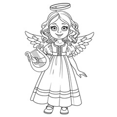 Cute girl in angel costume outlined for coloring page