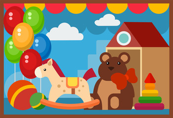 Obraz premium Vector flat design restaurant toys shop facade storefront market building architecture showcase window illustration.