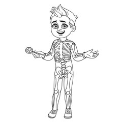 Cute boy in skeleton costume outlined for coloring page