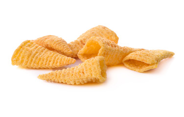 Crunchy corn snacks on a white background