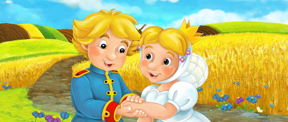 Fototapeta na wymiar Cartoon happy farm scene with castle in the background - illustration for children