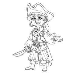 Cute boy in pirate costume outlined for coloring page