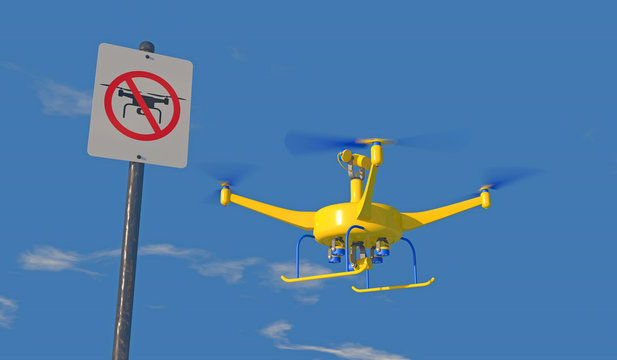 3D illustration of UAV drone with "No Drone Zone" graphic sign. Fictitious UAV, sign artwork, are unique designs. Depicting the restriction of drones; blue overcast sky, depth-of-field, motion blur.