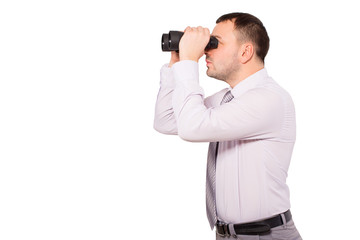 Business man with binoculars. Serious man, a sales agent and insurance agent in finding customers. Man of business isolated on white background. Drawn to the goal. See the target.