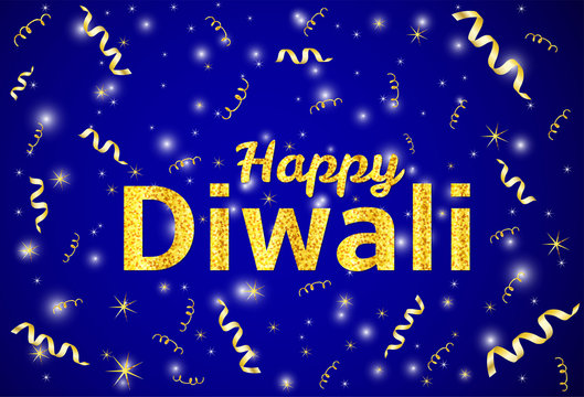 Happy Diwali - traditional Indian festival colorful background with gold text and ribbons
