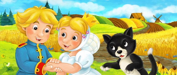Obraz na płótnie Canvas Cartoon happy farm scene with wooden house in the background - illustration for children