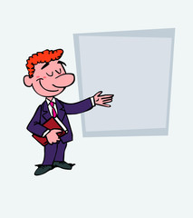 Red-haired businessman points, relaxed, with a book in his hand. Is showing, as in a presentation, the data you want.
