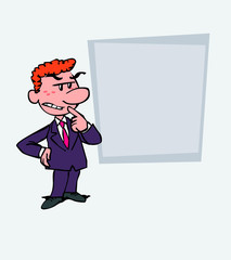 Red-haired businessman worried and doubtful. Is showing, as in a presentation, the data you want.