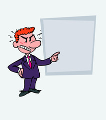 Angry red-haired businessman is showing, as in a presentation, the data you want.