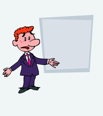 Red-haired businessman disoriented and worried. Is showing, as in a presentation, the data you want.