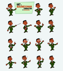black businessman. Set of postures of the same character in different expressions. Sad, happy, angry ... Always showing, as in a presentation, the data you want.