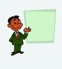 Happy black businessman makes the gesture of ok. Is showing, as in a presentation, the data you want.