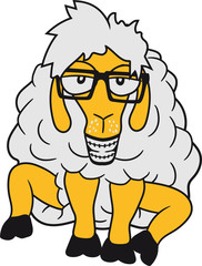 nerd geek hornbrille zahnspange lustig freak grinsen sitzend lustig klein süß niedlich comic cartoon schaf ziege wolle bauer bock müde cool