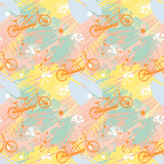 Seamless pattern with cute bicycles tandem on abstract watercolor stains, paint brushes freehand strokes